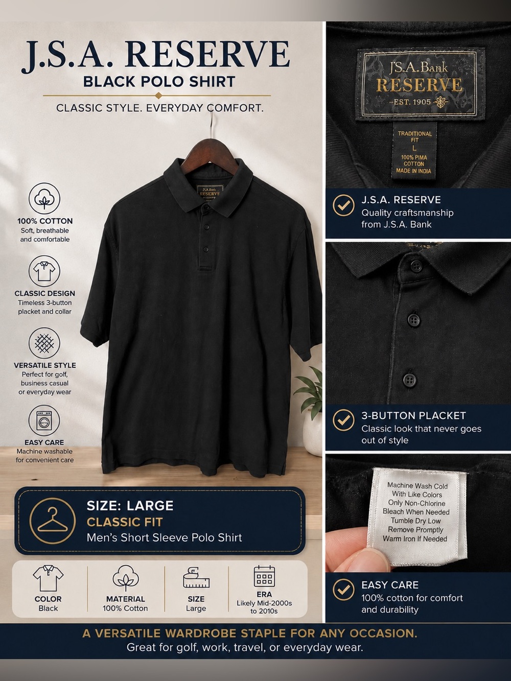Y2K Jos. A. Bank Black Tradition Short-Sleeve Polo